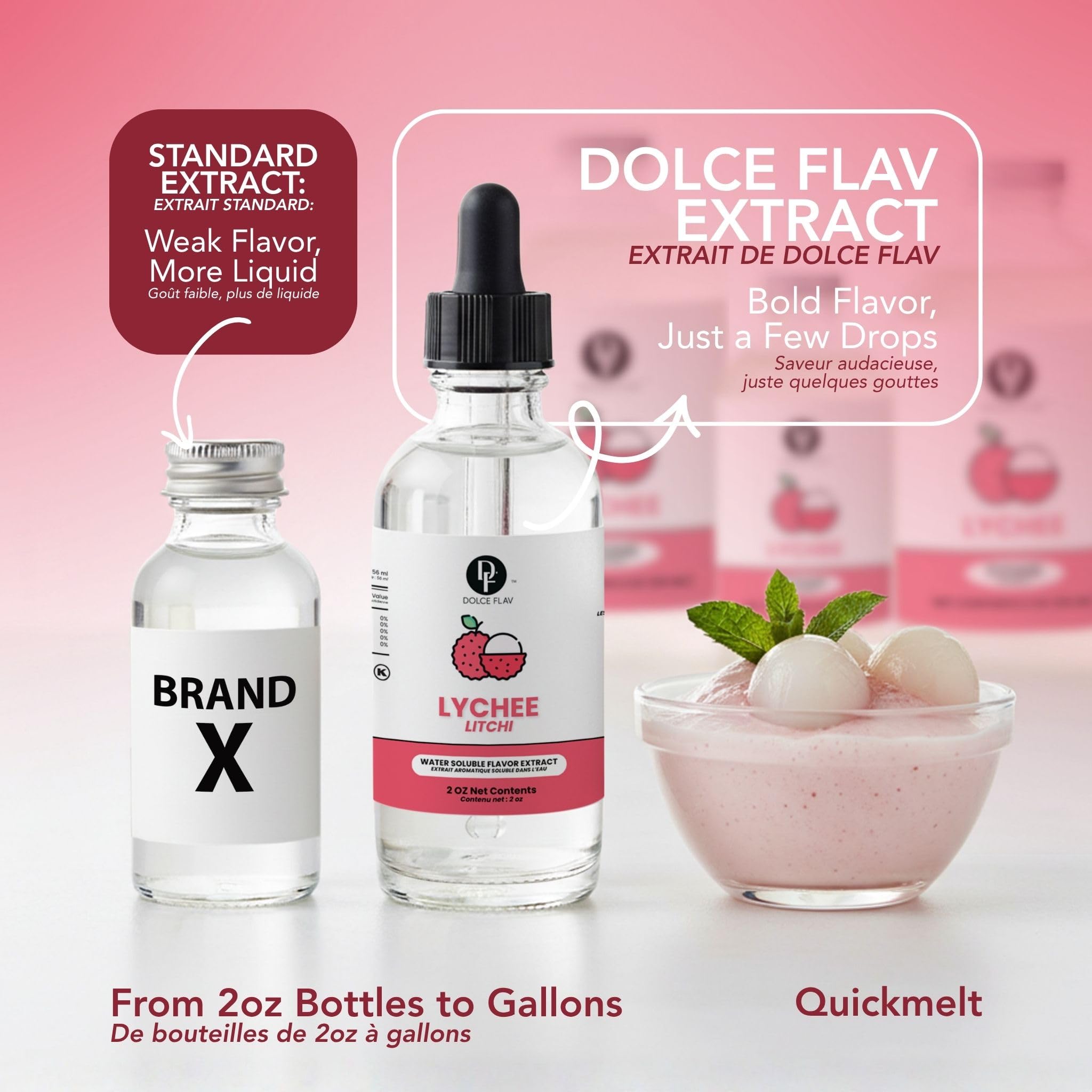 Dolce Flav bottle beside fresh lychee fruit showing authentic flavor hint benefit