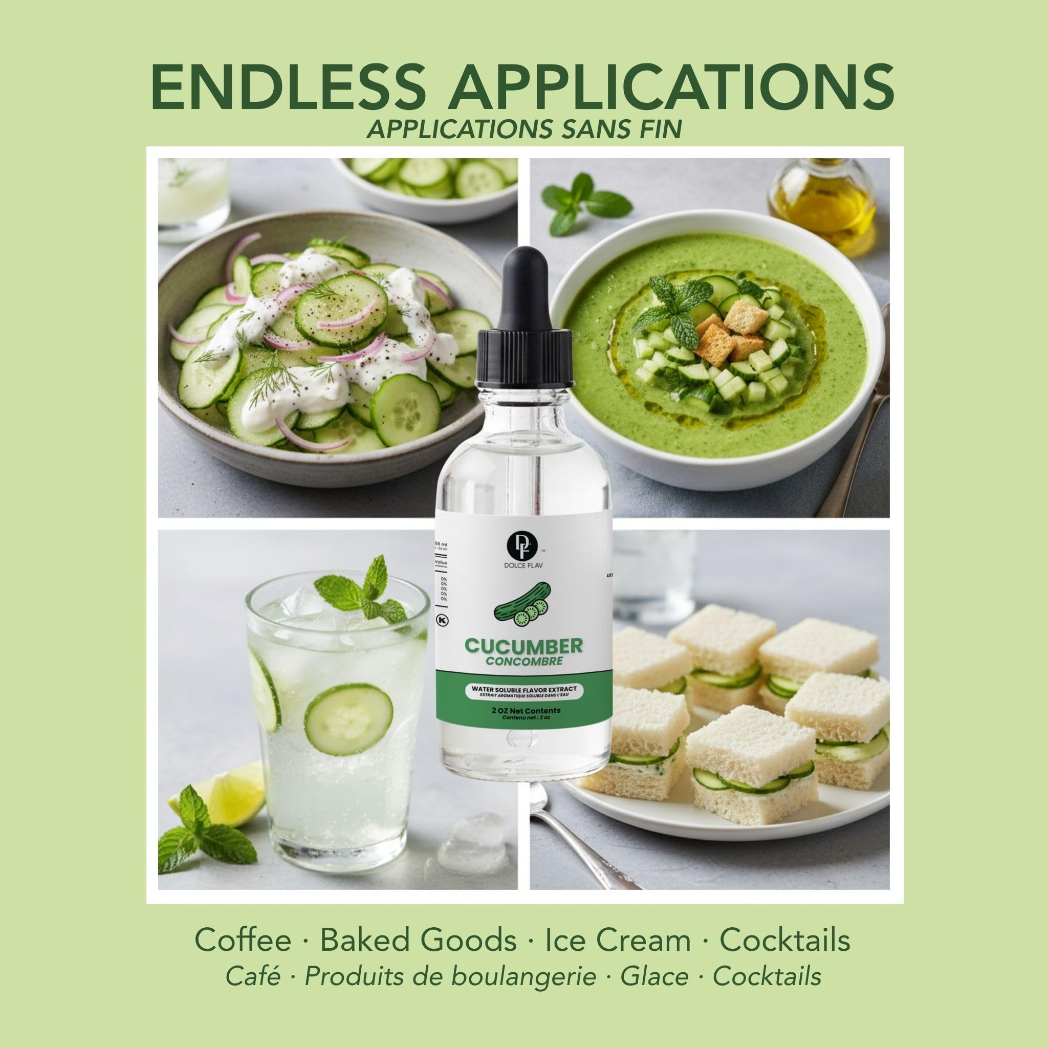 Dolce Flav bottle next to a cucumber cocktail, illustrating flavoring use in drinks