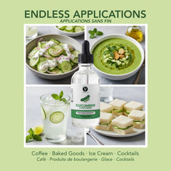 Dolce Flav bottle next to a cucumber cocktail, illustrating flavoring use in drinks