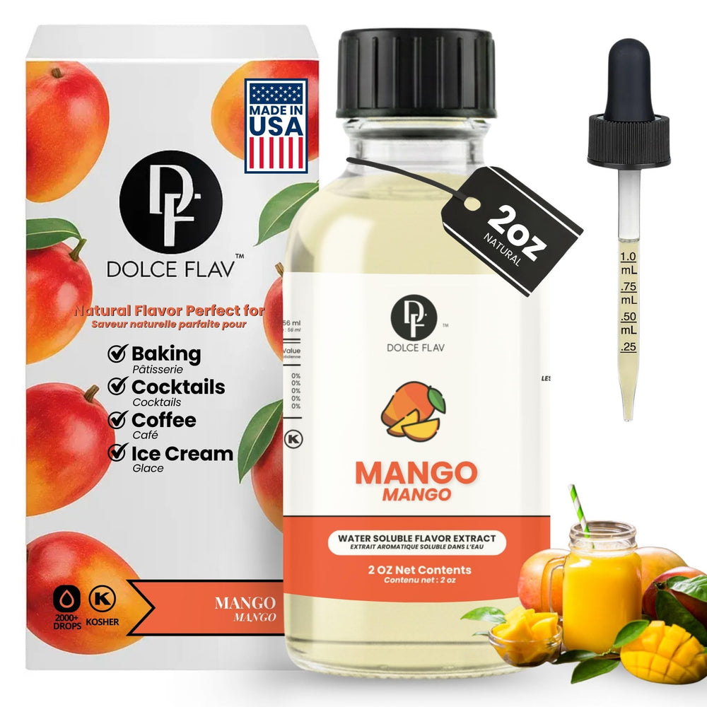 Dolce Flav 2oz front label showing product and bright mango flavor benefit