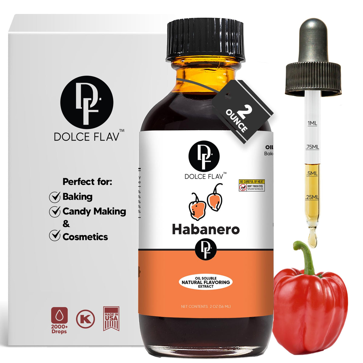 Dolce Flav front bottle view showing label and dropper for clear identification and convenience