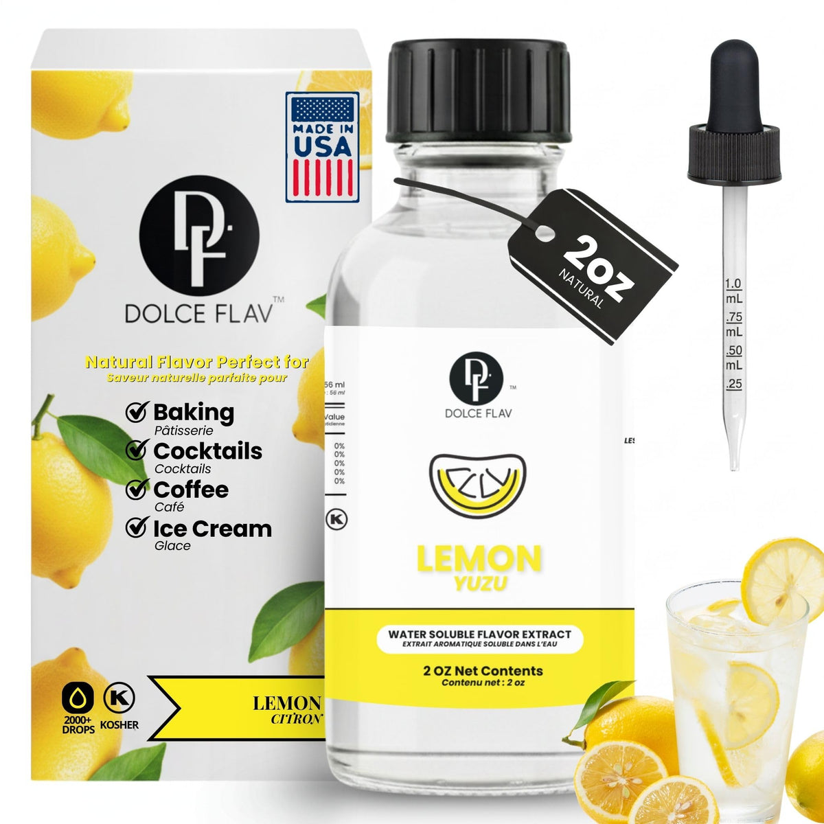 Dolce Flav front label showing 2oz bottle and clear lemon branding benefit
