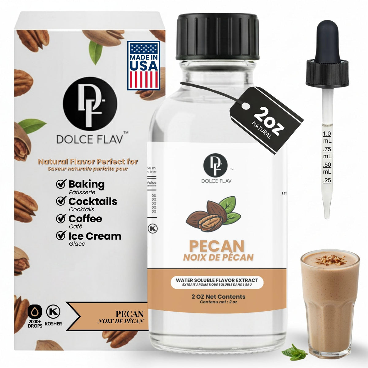Dolce Flav 2 fl oz bottle front view showing label and compact size for pantry