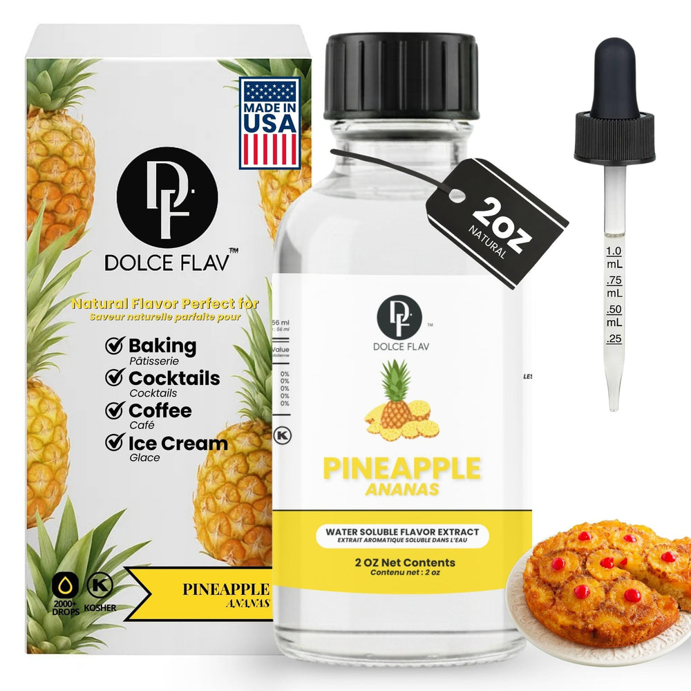 Dolce Flav front bottle showing compact 2 oz pineapple extract, convenient for bakers