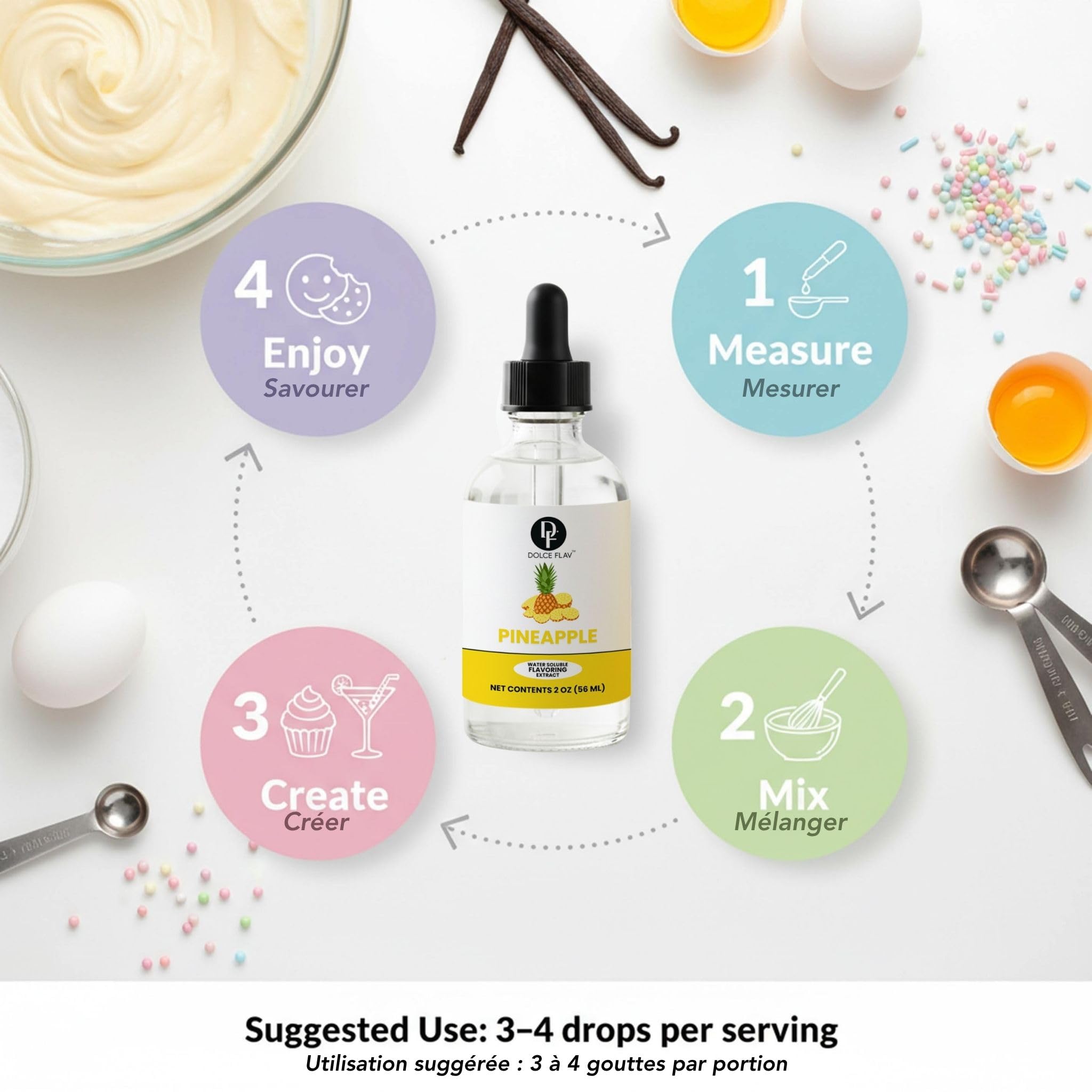 Dolce Flav swirled frosting with pineapple flavor, demonstrating bright tropical boost