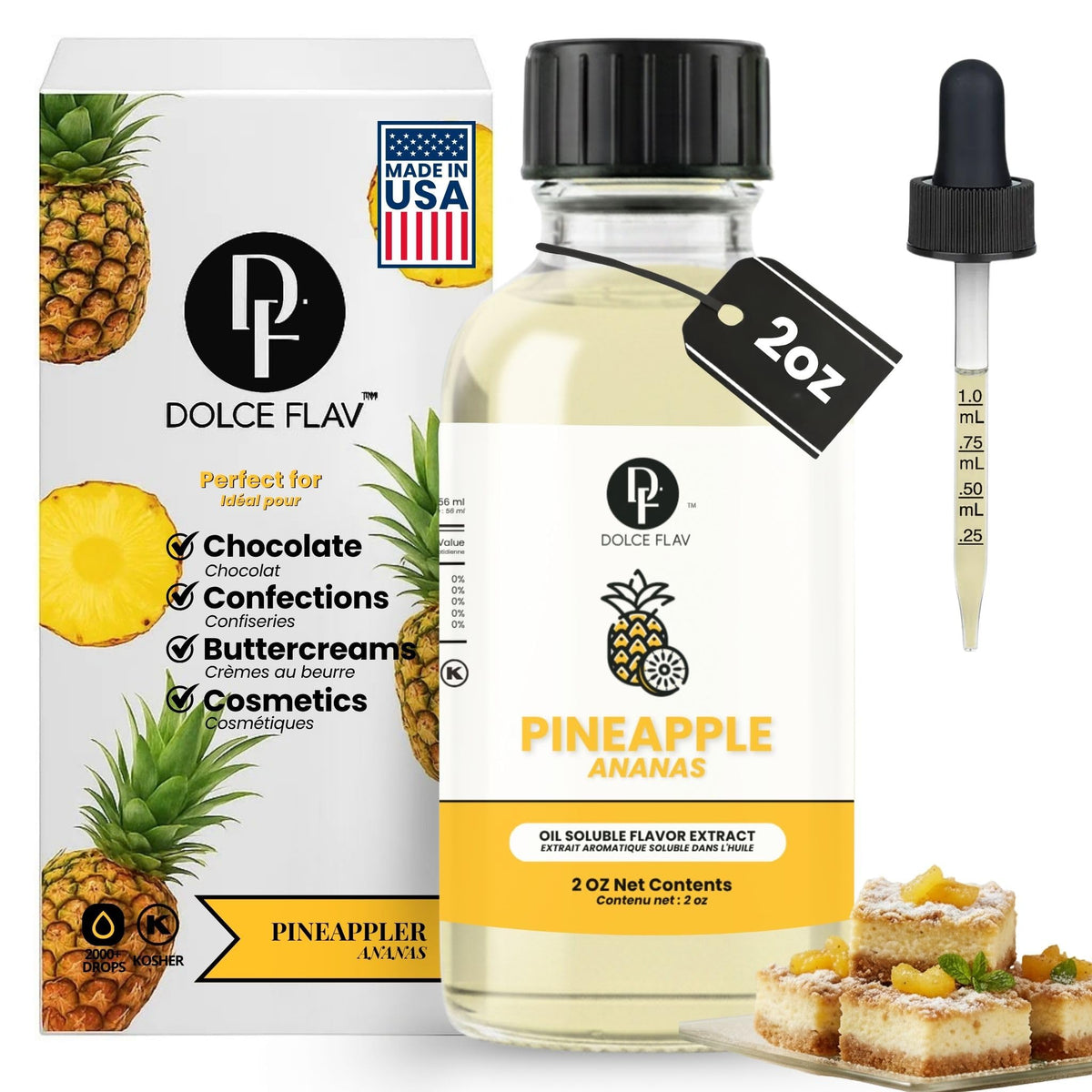 Dolce Flav front packaging showing compact 2 oz bottle and label benefits