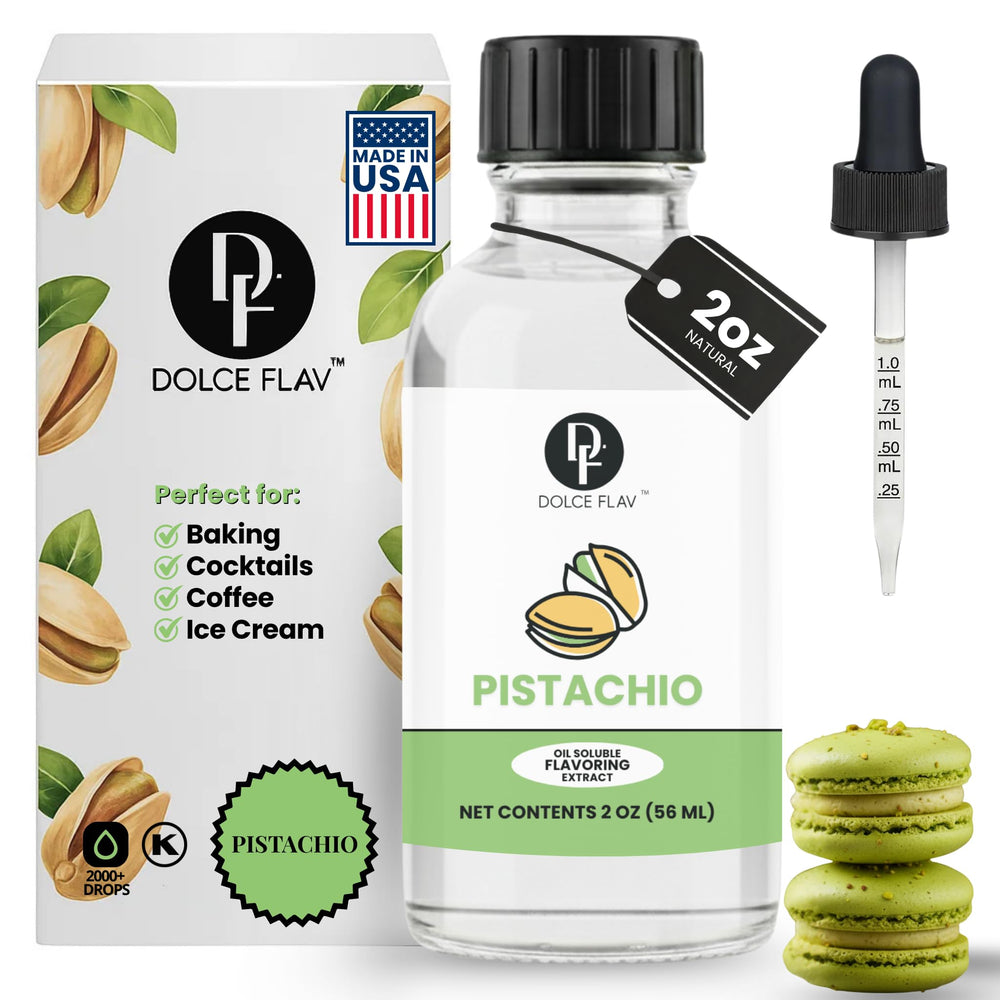 Dolce Flav bottle front view showing product and premium pistachio flavor