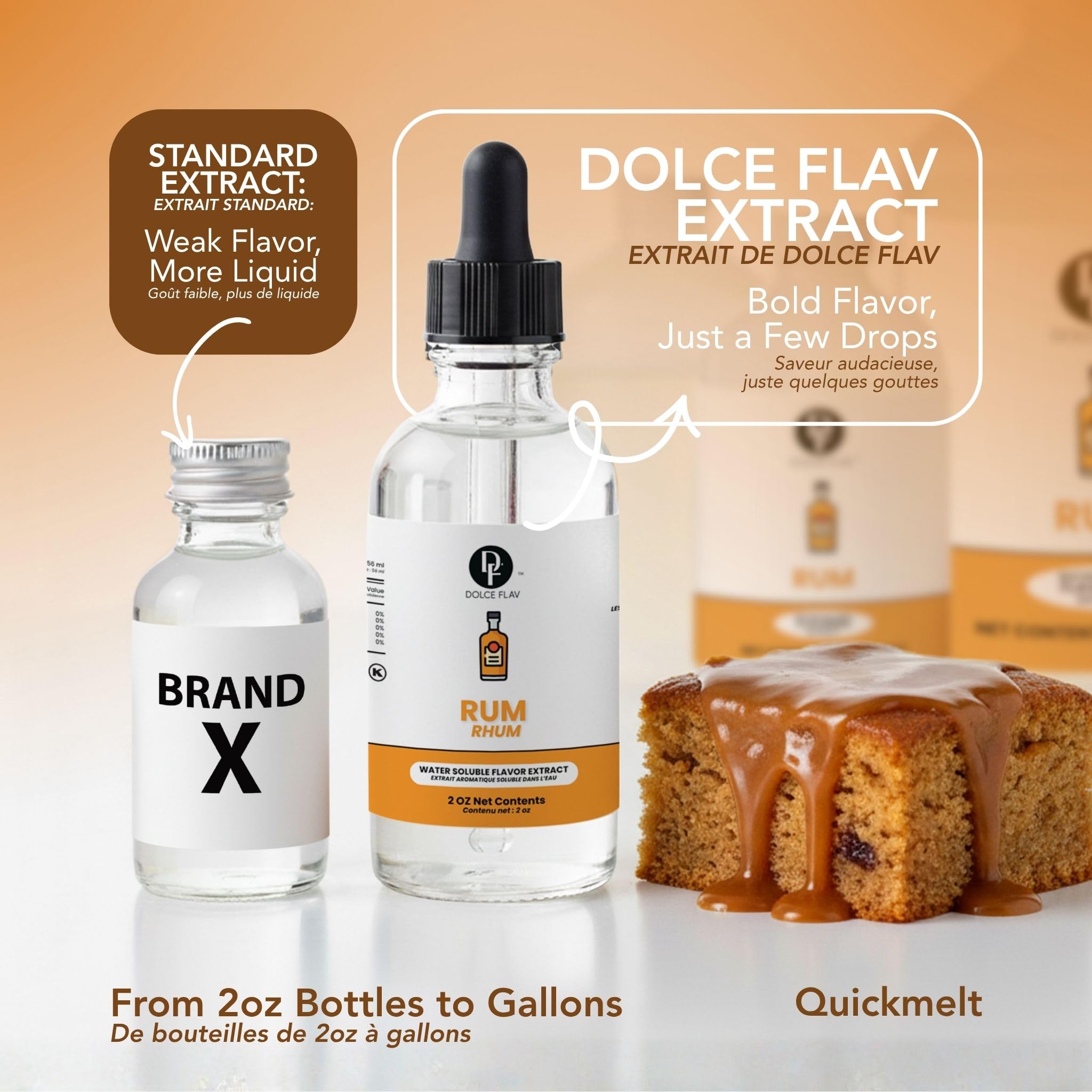 Dolce Flav 2 oz bottle beside teaspoon showing compact size and long use