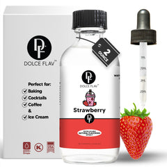 Dolce Flav bottle front view showing compact strawberry extract and quick flavoring benefit