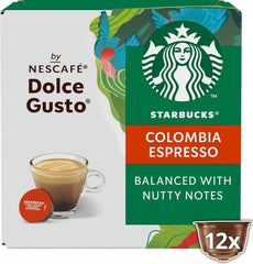 Dolce Gusto Starbucks Colombia front packaging showing box and branding, ensures authentic convenience