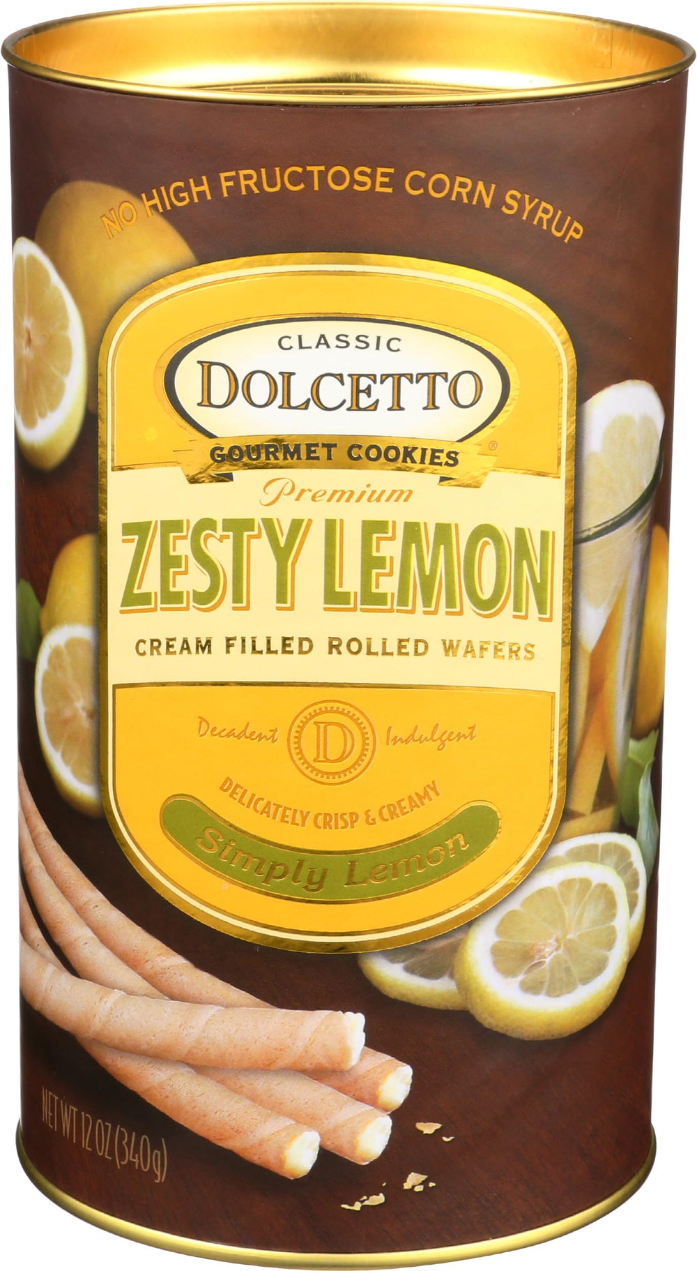 dolcetto tin front view showing lemon wafer rolls and gift-ready packaging
