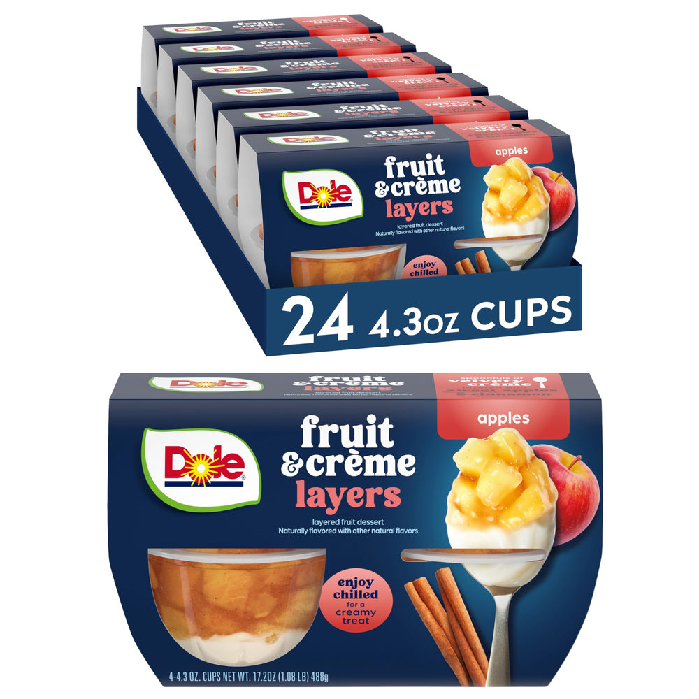 Dole front packaging showing apples and crème cups, quick snack solution