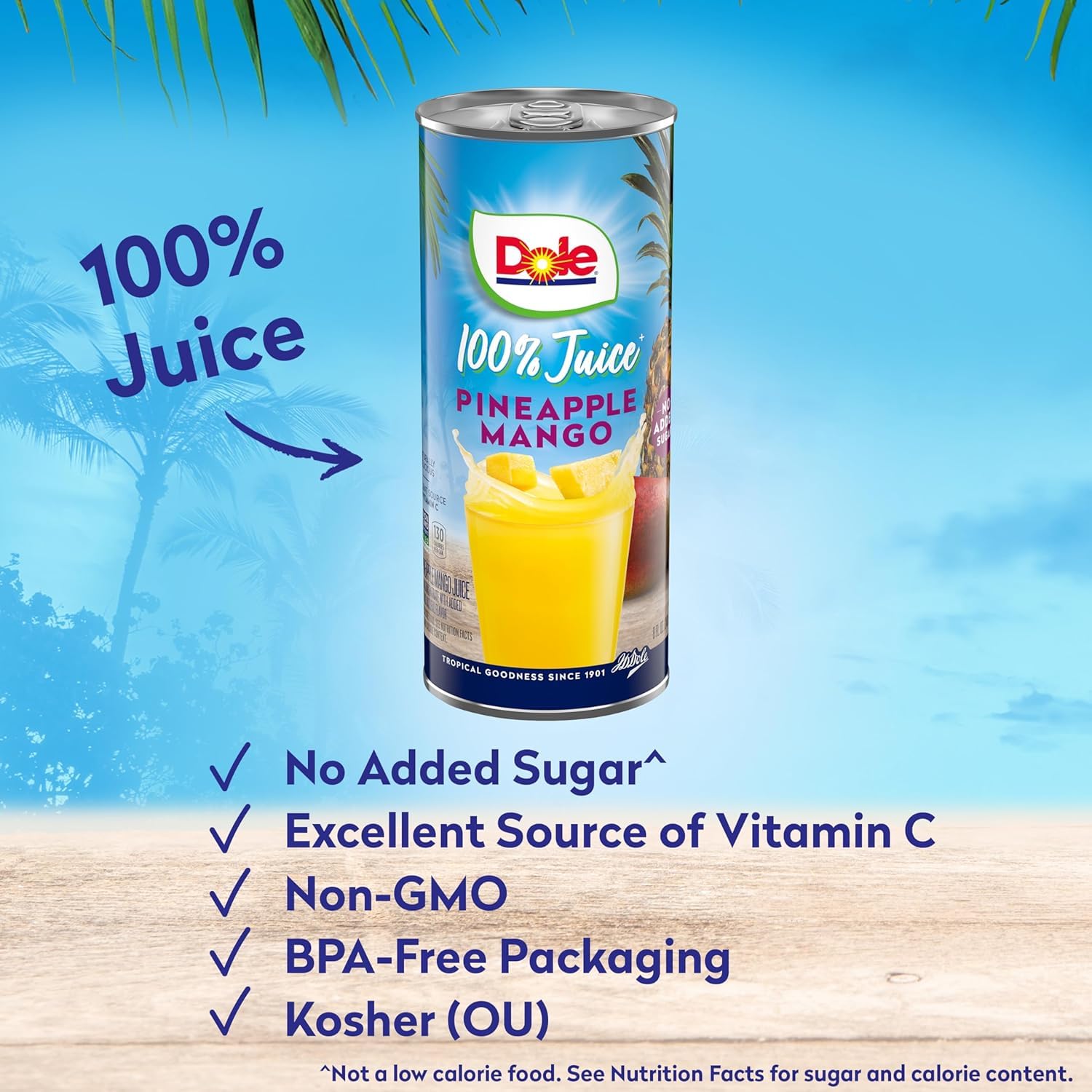 Dole close-up of can label highlighting ingredients and BPA-free packaging benefit