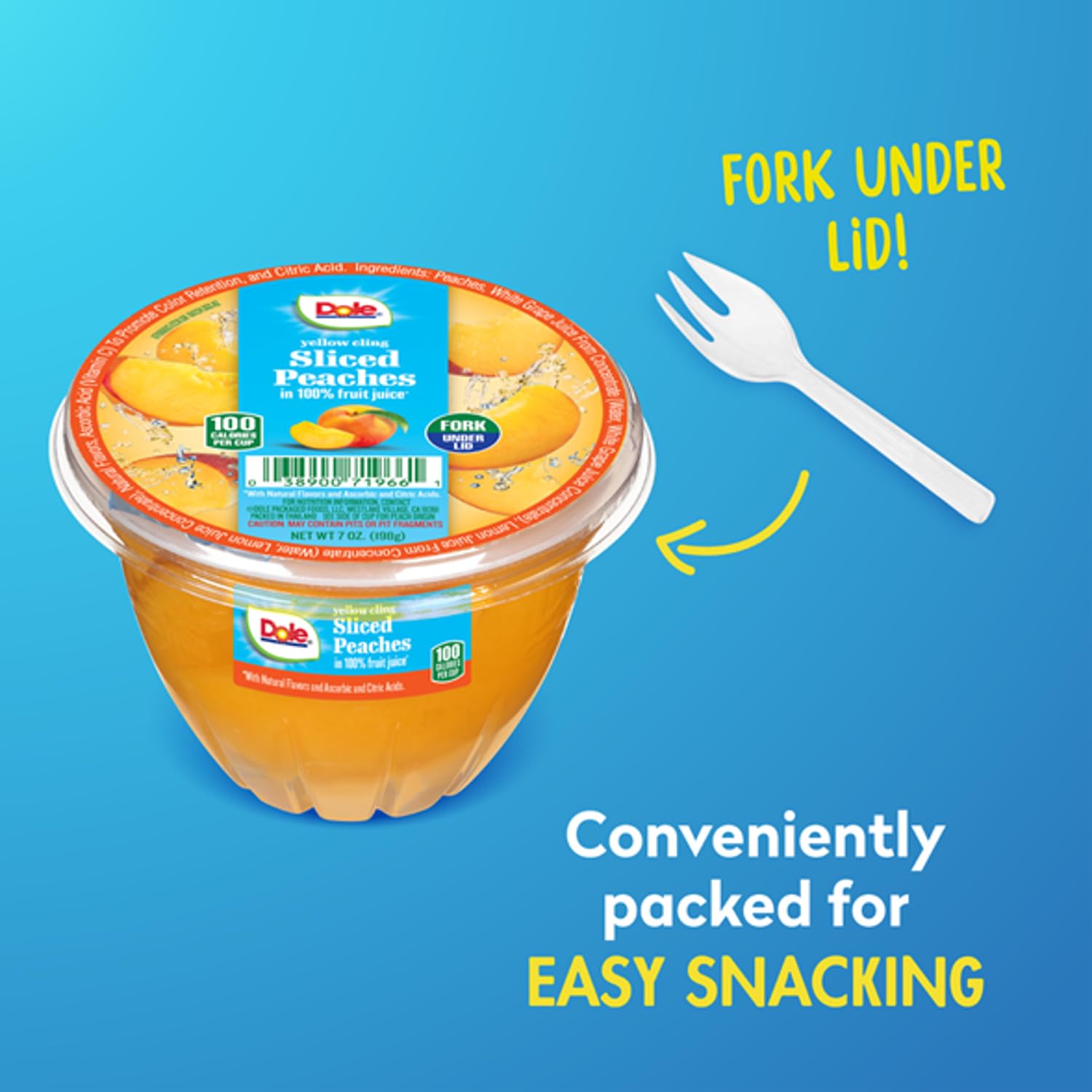 Dole open cup with peach chunks close-up showing ready-to-eat convenience