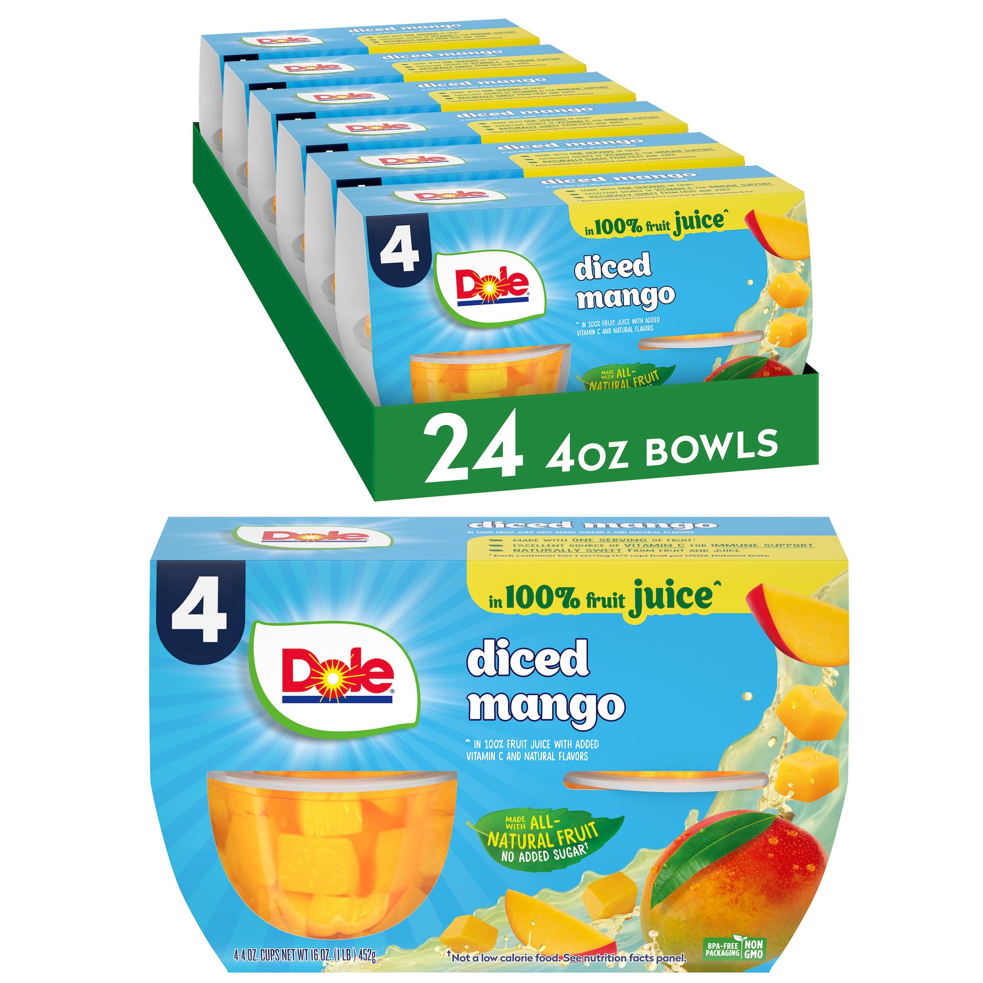 Dole front packaging showing 24-count mango cups and convenience benefit
