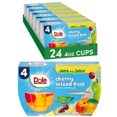 Dole front packaging showing 24-count cherry mixed fruit bowls, convenient bulk snack