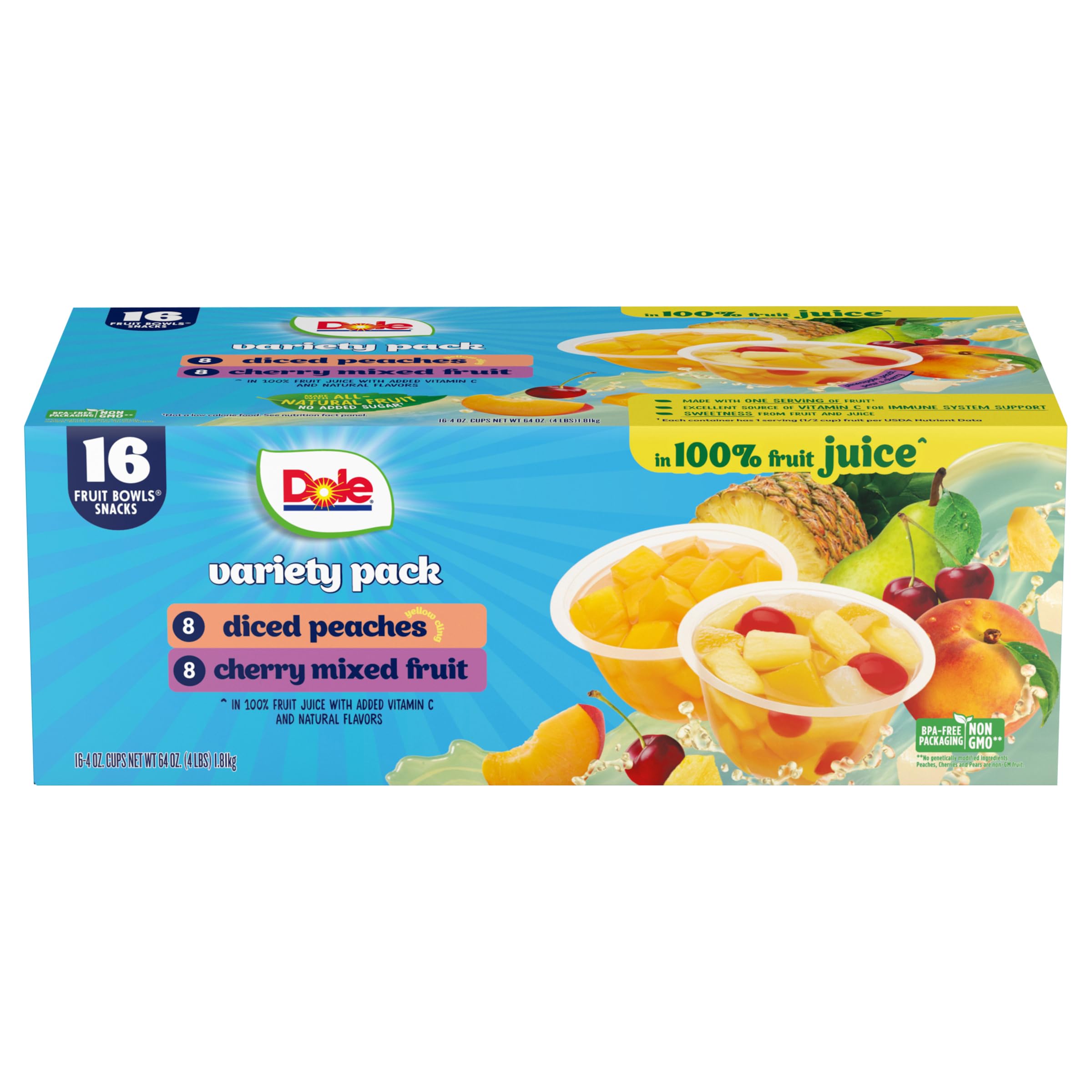 Dole front packaging showing diced peaches and cherry mix for quick snacking