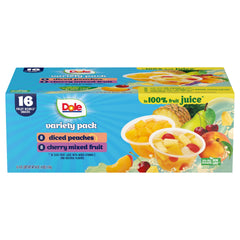 Dole front packaging showing diced peaches and cherry mix for quick snacking
