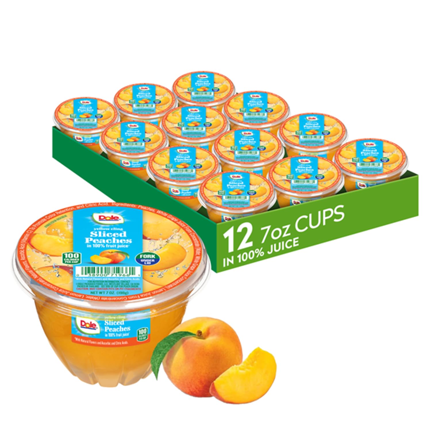 Dole front packaging showing diced peaches and 100% juice benefit