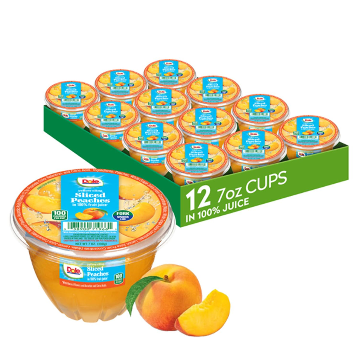 Dole front packaging showing diced peaches and 100% juice benefit