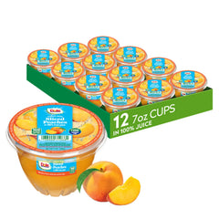 Dole front packaging showing diced peaches and 100% juice benefit