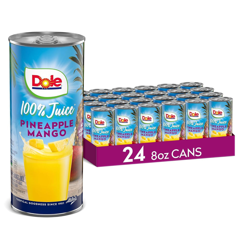 Dole front packaging showing pineapple mango cans and bright tropical appeal for convenience