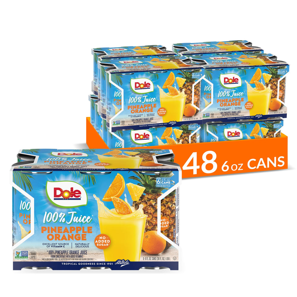 Dole front packaging showing pineapple orange cans and convenient single-serve benefit