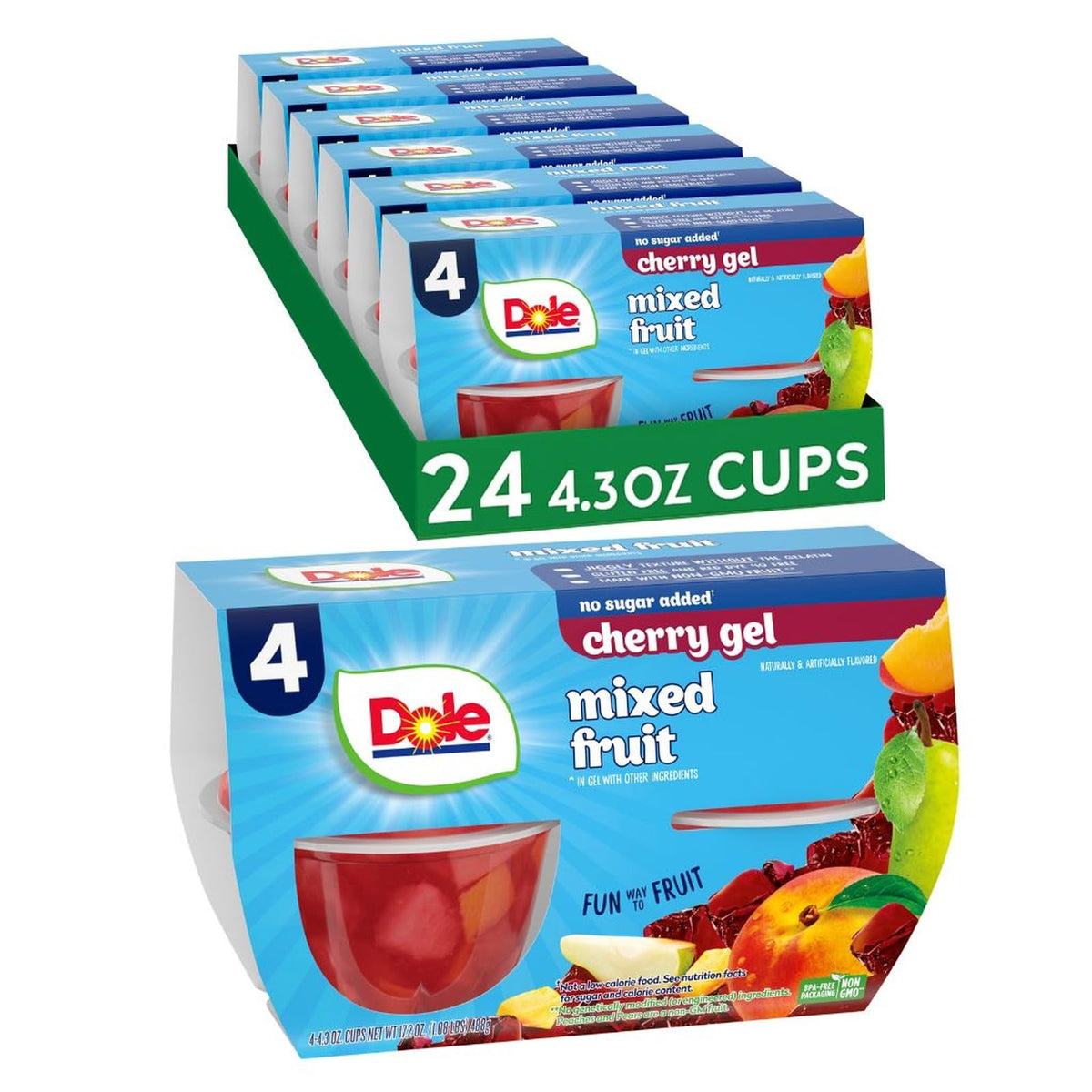 Dole front packaging showing 24 mixed fruit cups and benefits