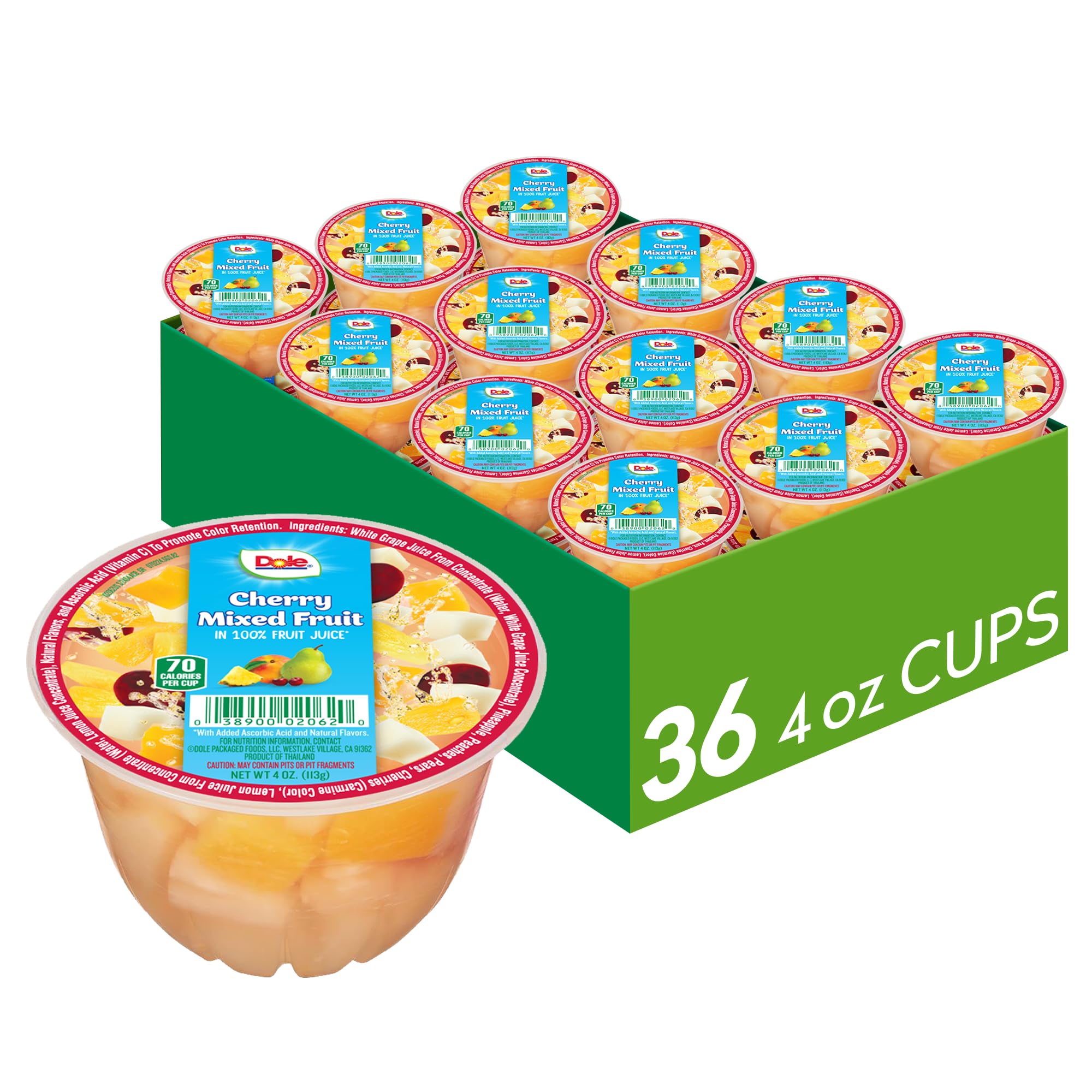 Dole front packaging showing 36-count 4oz cups and convenience