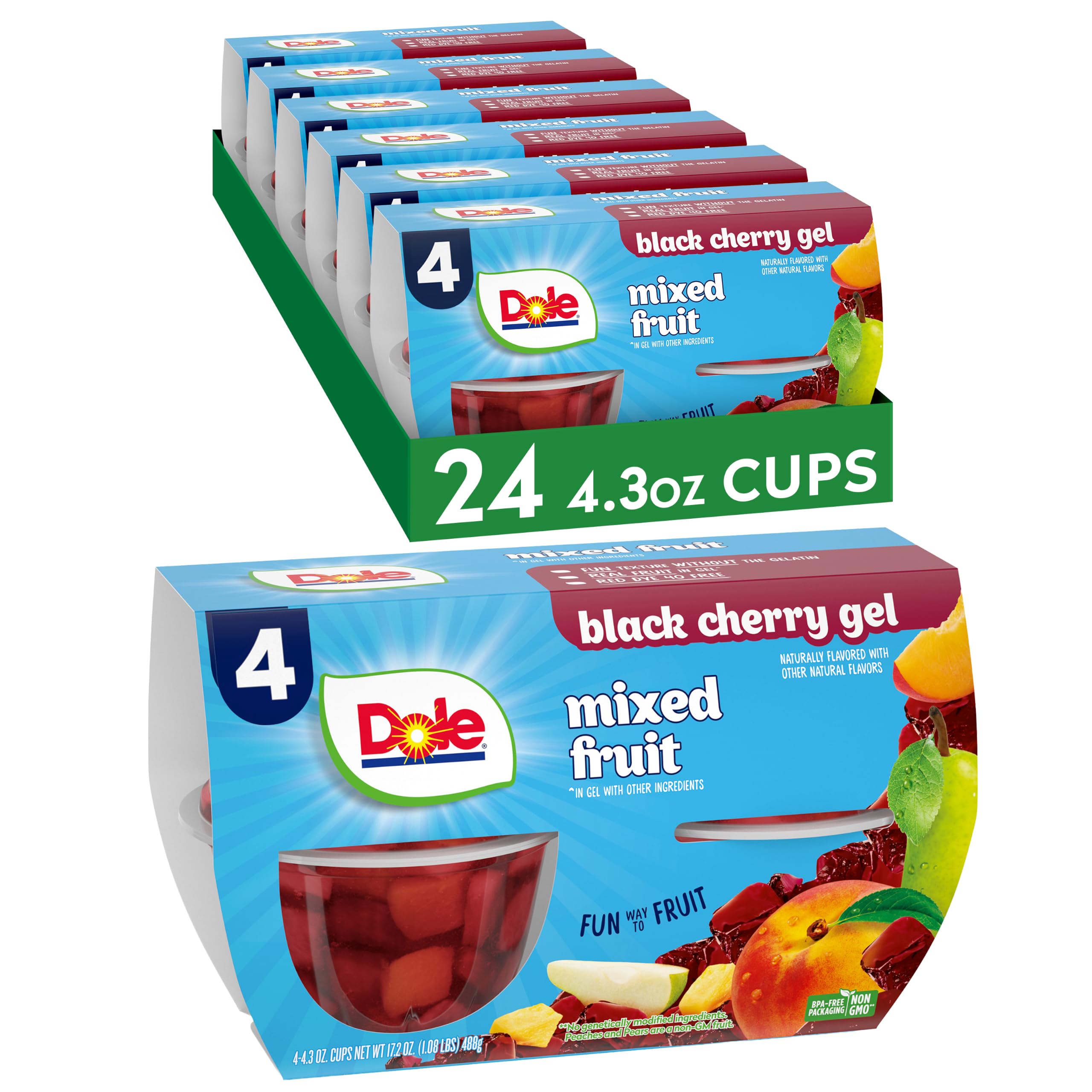 Dole front packaging of 24 mixed fruit black cherry gel cups showing bulk convenience