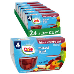 Dole front packaging of 24 mixed fruit black cherry gel cups showing bulk convenience