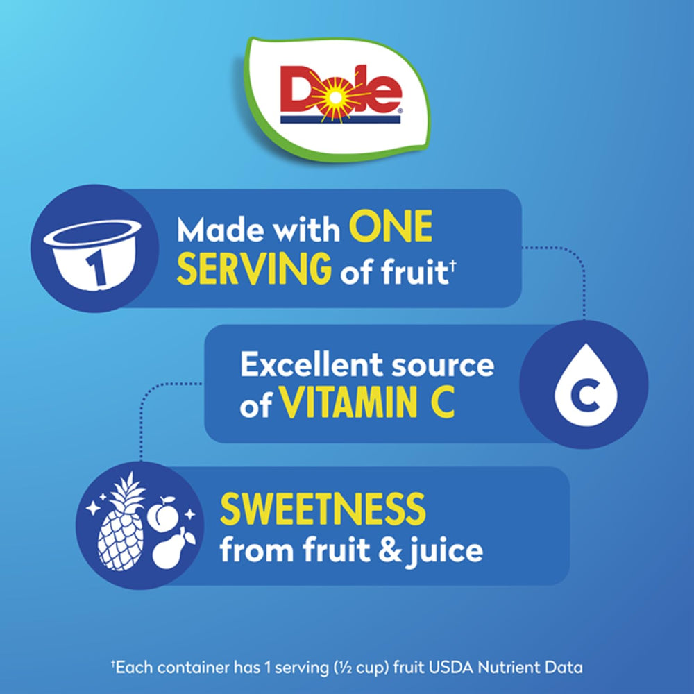 Dole close-up of opened cup with fruit pieces, highlights real texture and juice