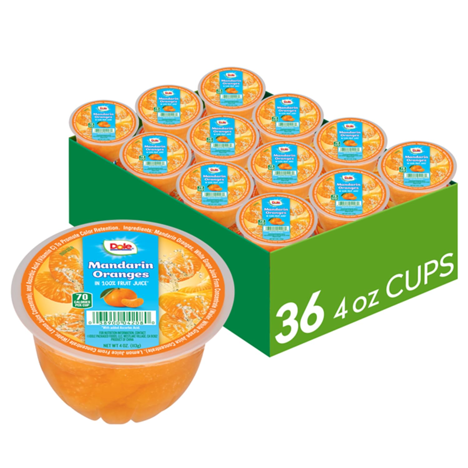 Dole front packaging showing 36-pack mandarin orange cups and easy grab convenience