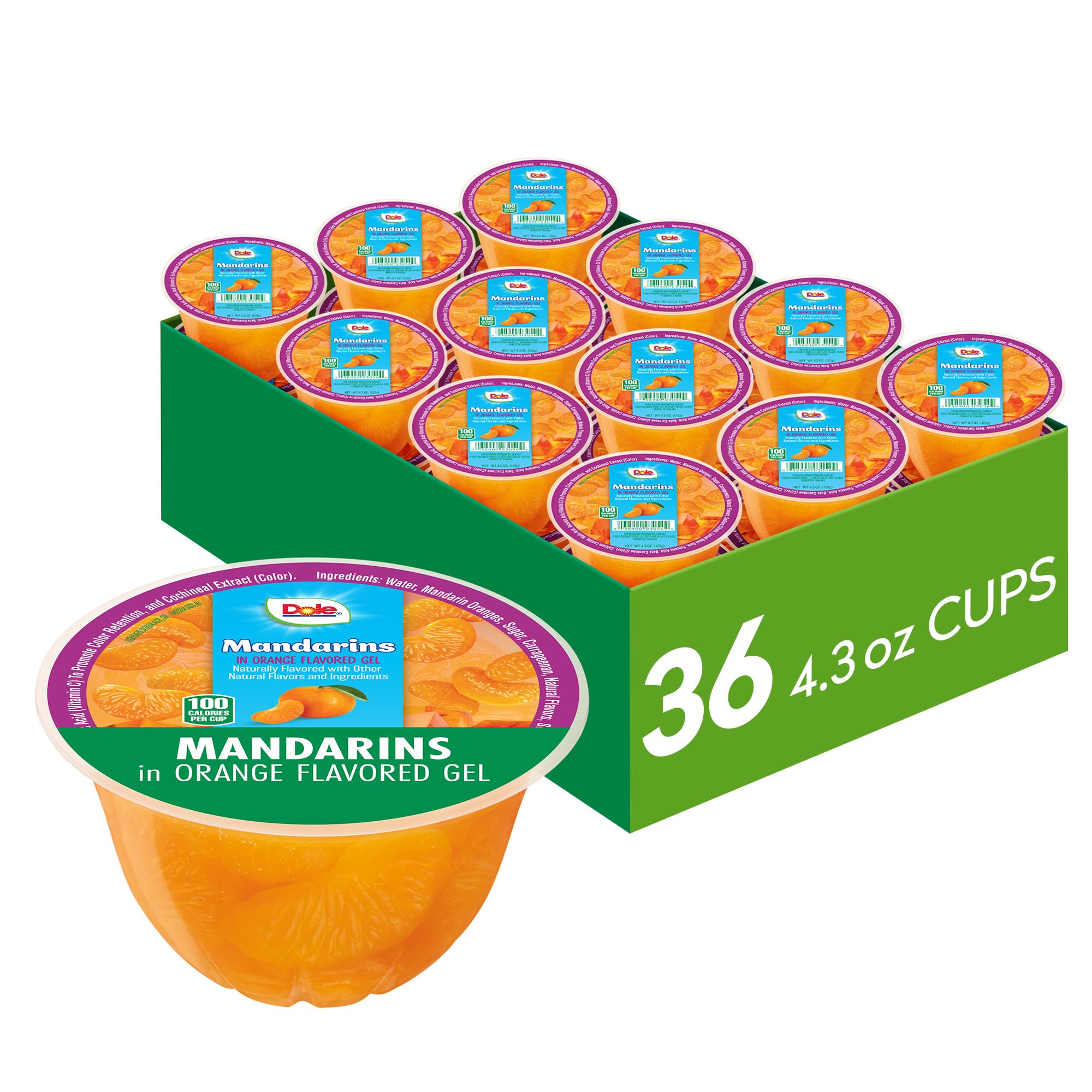 Dole front packaging showing 36-count mandarins for convenient snacking