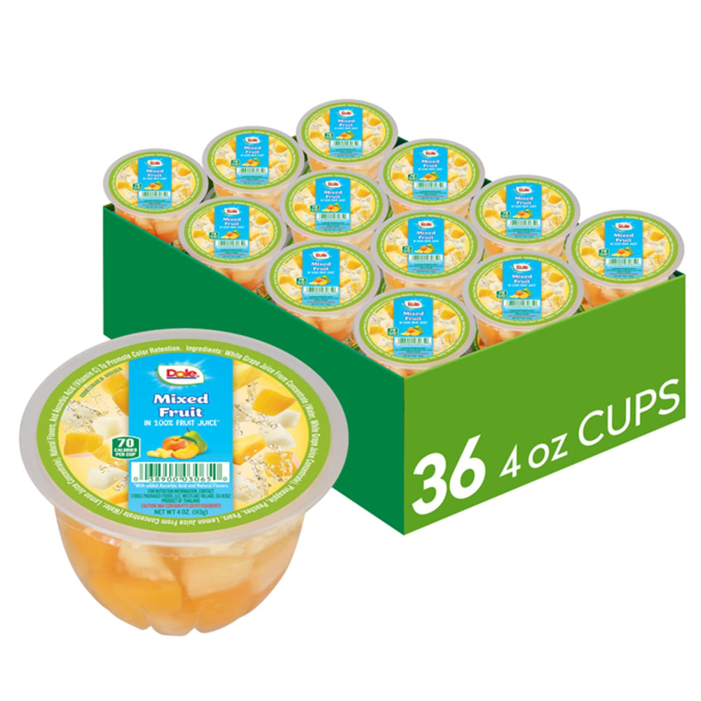 Dole front packaging showing 36-count mixed fruit cups, convenient bulk supply