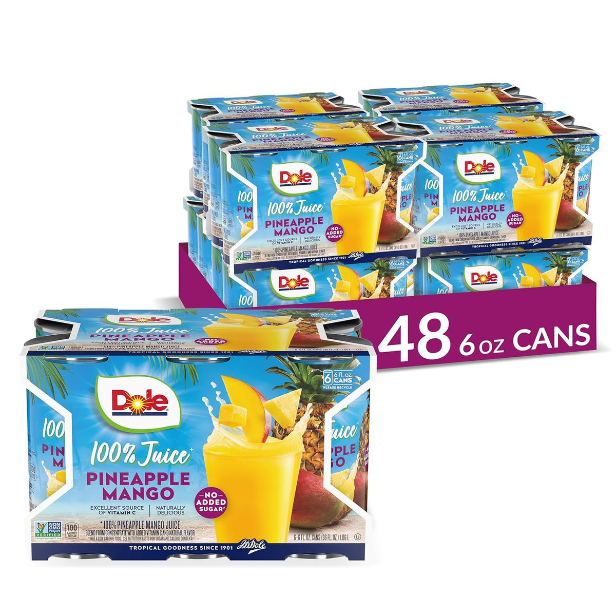 Dole front packaging showing six 6 fl oz cans and tropical branding benefit convenience