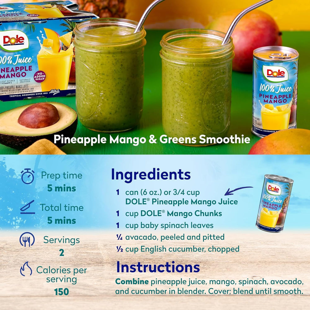 Dole can beside a measuring cup illustrating 6 fl oz size for portion control benefit
