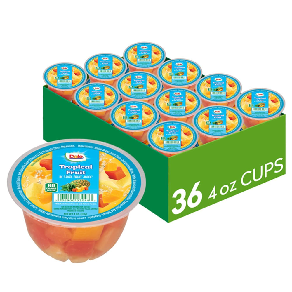 Dole front packaging of tropical fruit 36-pack showing brand and quantity, convenient supply