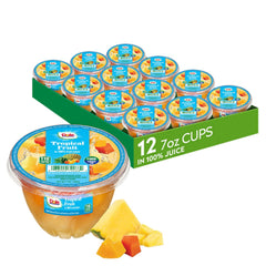Dole front packaging showing 12-pack and tropical fruit convenience