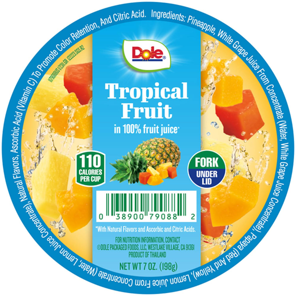 Dole pack beside common items showing actual size and portion control