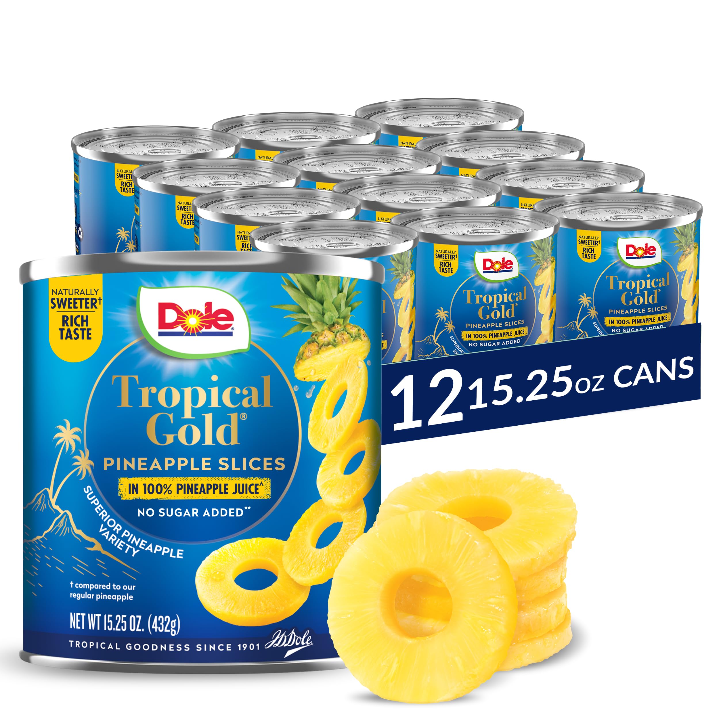 Dole front packaging of Tropical Gold pineapple slices showing brand and natural juice benefit