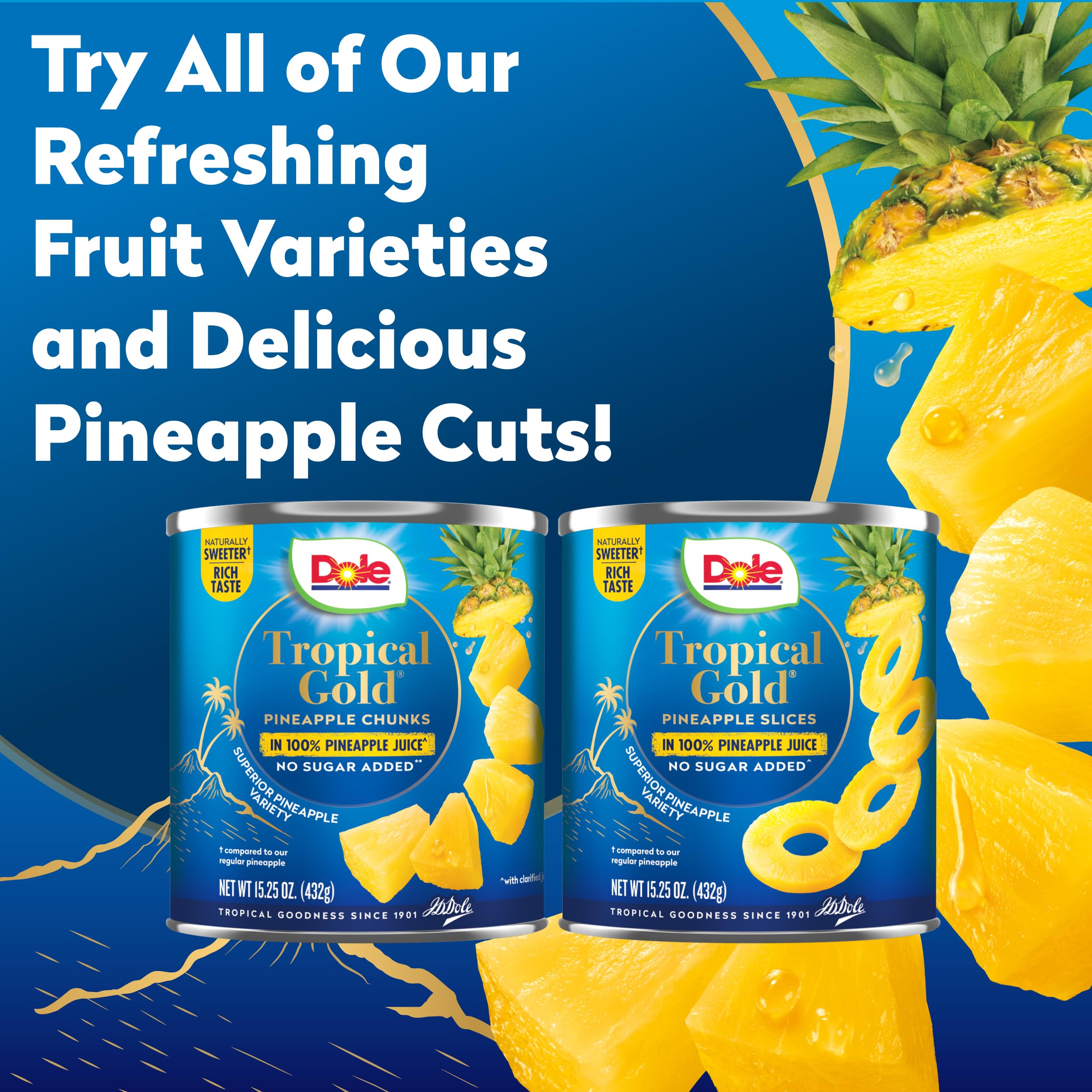 Close-up of Dole Tropical Gold label and nutrition facts highlighting simple ingredients