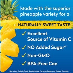 Dole open can with pineapple chunks visible, ready-to-eat and convenient for snacking