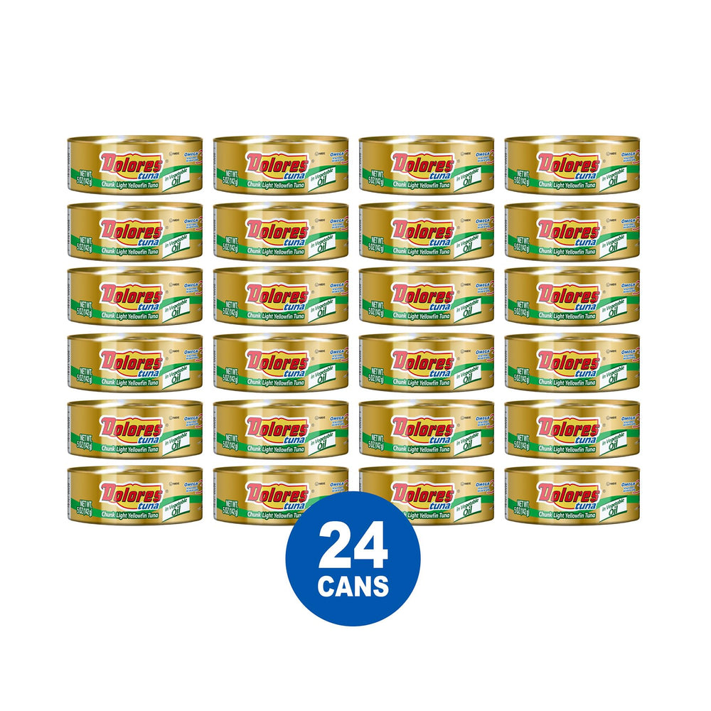 Dolores open can of yellowfin tuna flakes in vegetable oil highlighting flaky texture and ready-to-eat convenience
