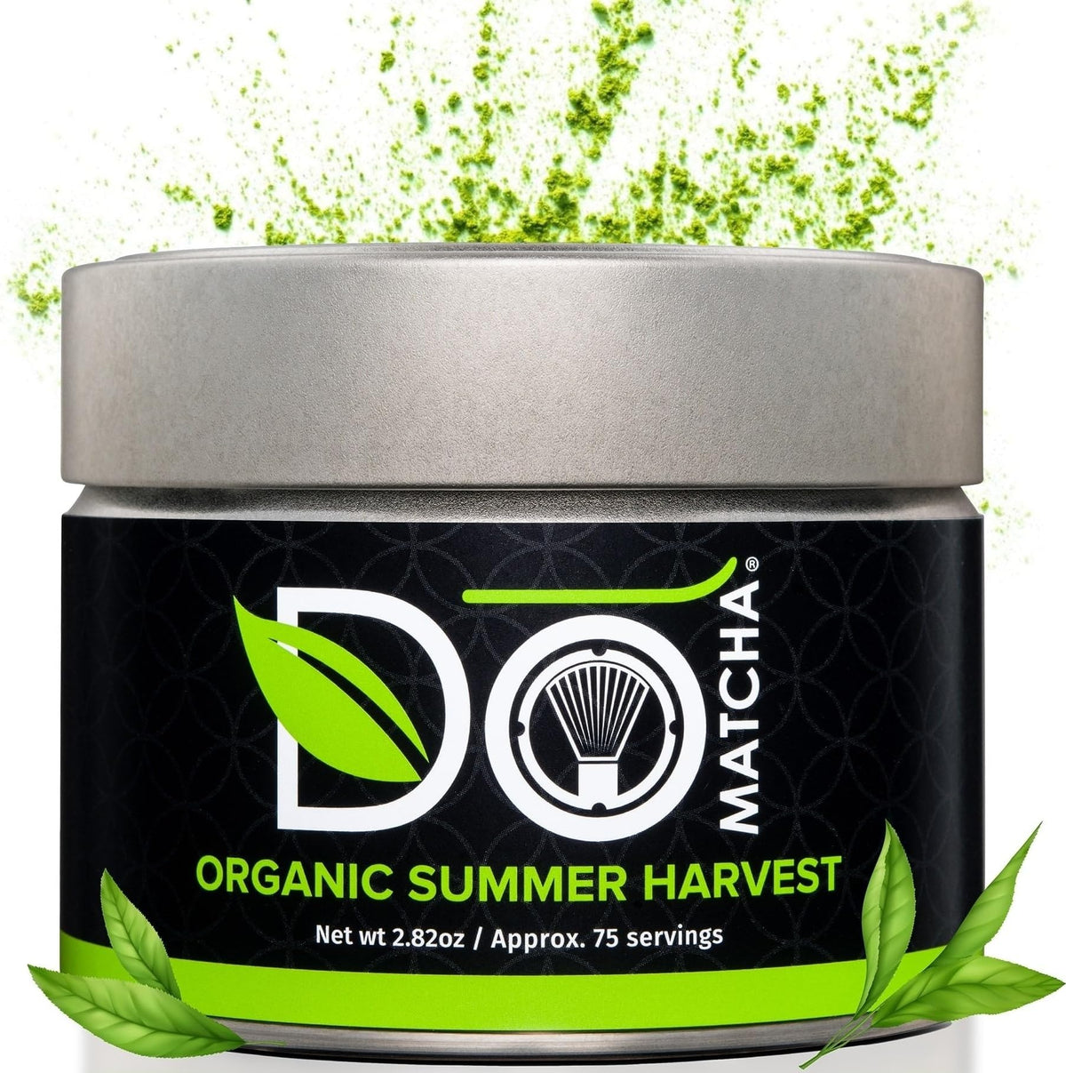 DoMatcha front tin showing branding and organic label, highlights premium quality