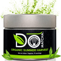 DoMatcha front tin showing branding and organic label, highlights premium quality