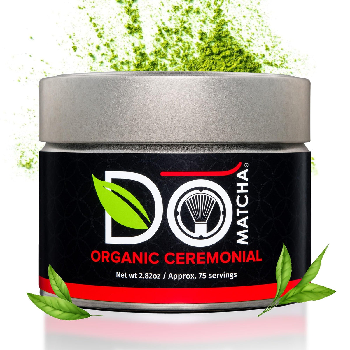 DoMatcha tin front view showing organic ceremonial matcha for fresh servings