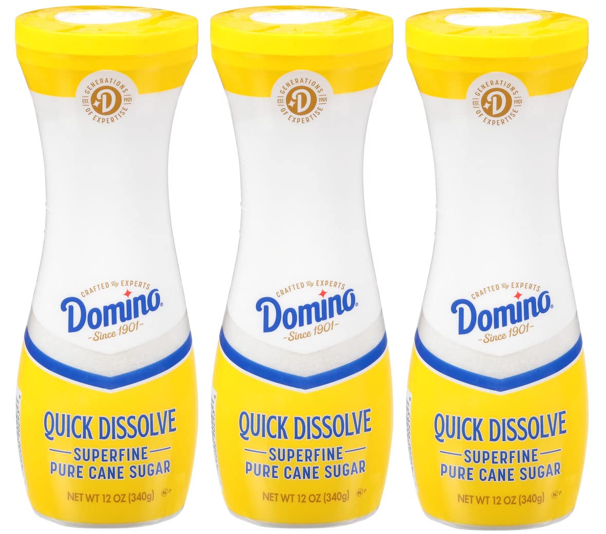 Domino front canister showing label and ergonomic design for easy pouring