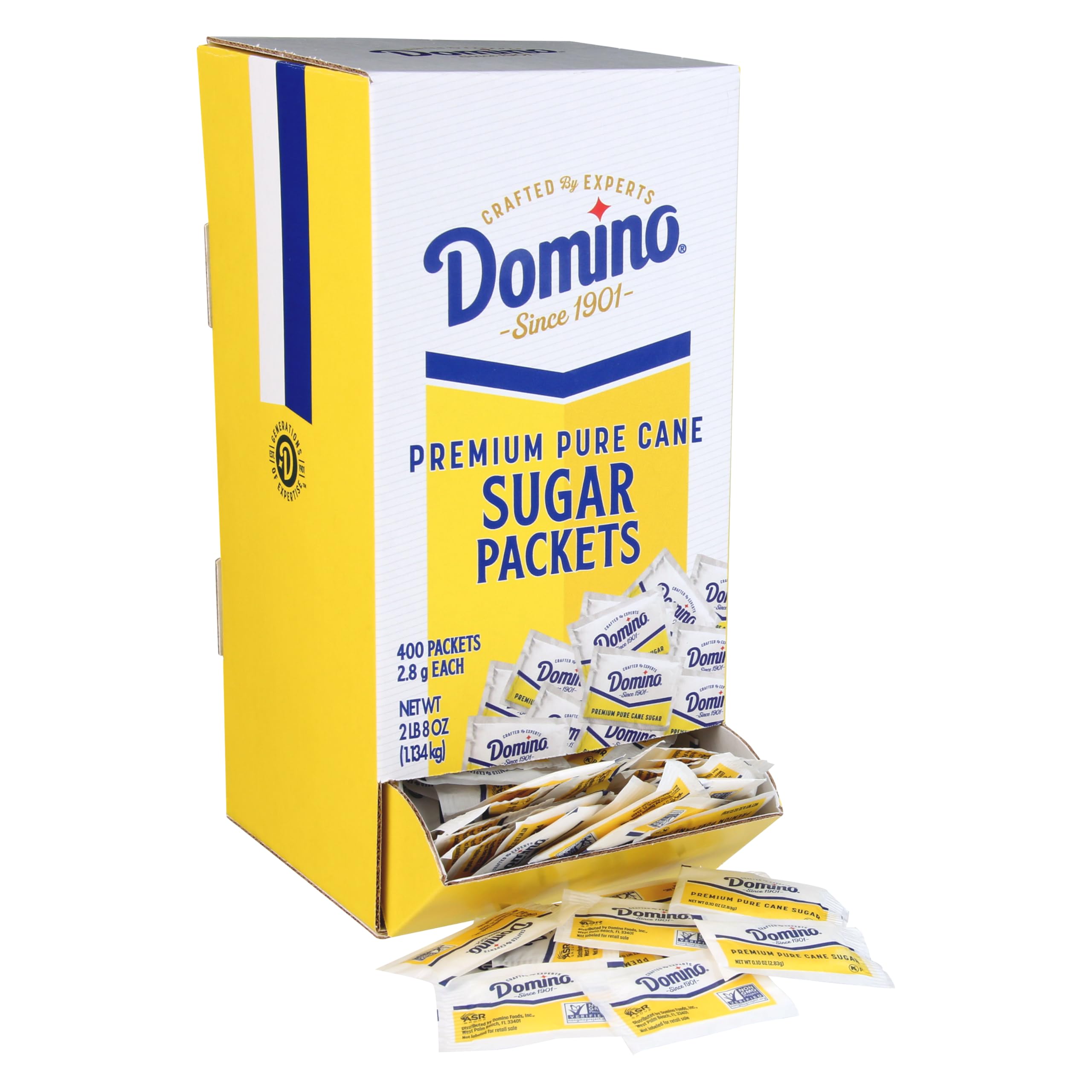 Domino front packaging showing 400-count dispenser box, tidy storage benefit