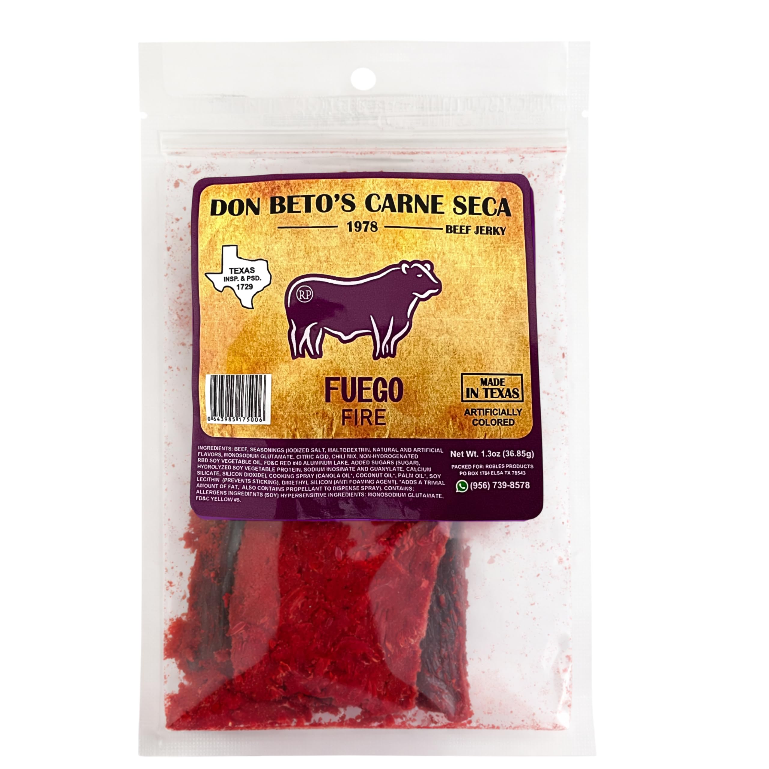 Don Beto's front packaging showing resealable pouch and fiery branding for portability
